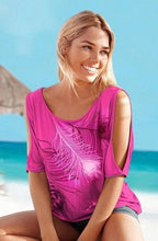Load image into Gallery viewer, Slit Sleeve Cold Shoulder Feather Print Women Casual Summer T Shirt